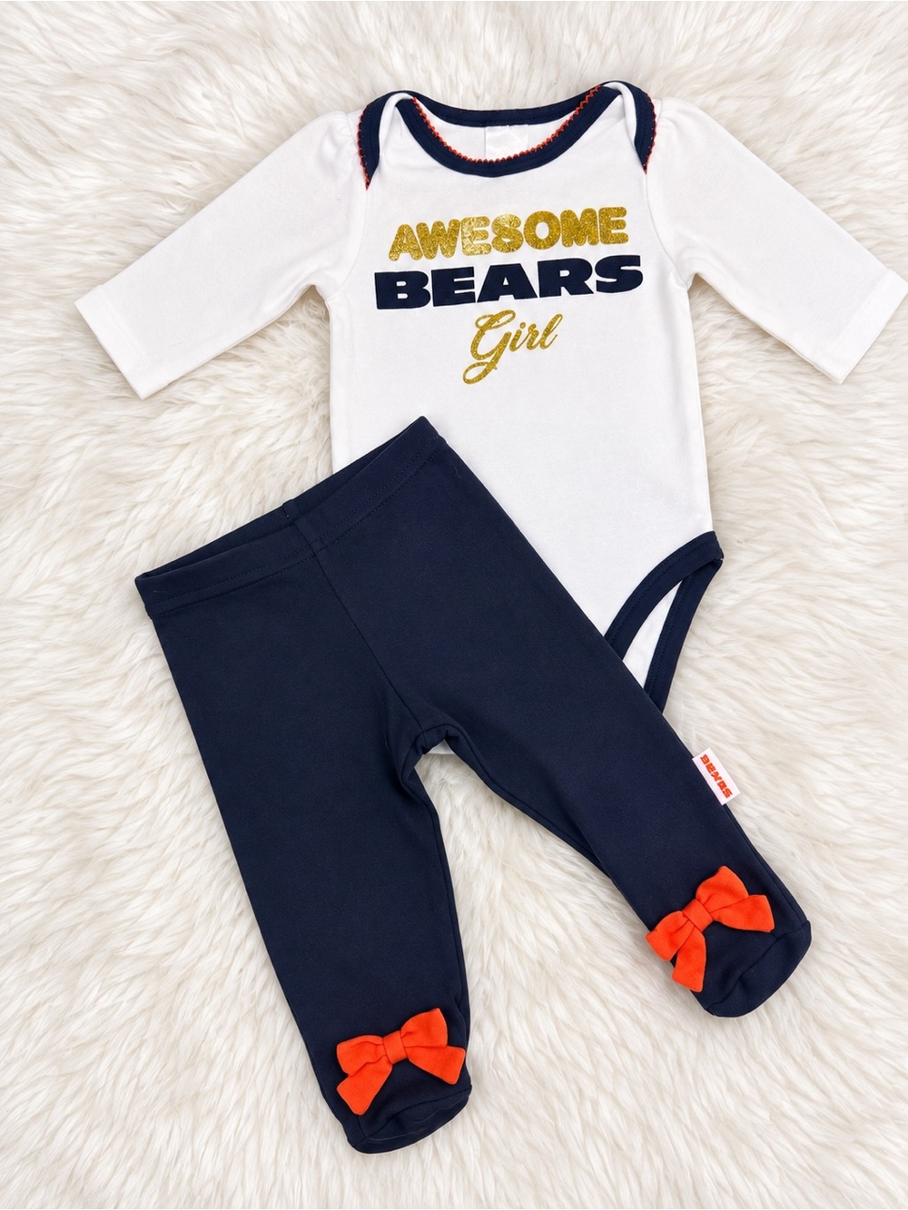 Baby Girl 'Awesome Bears' Navy & White One-Piece Set with Pants